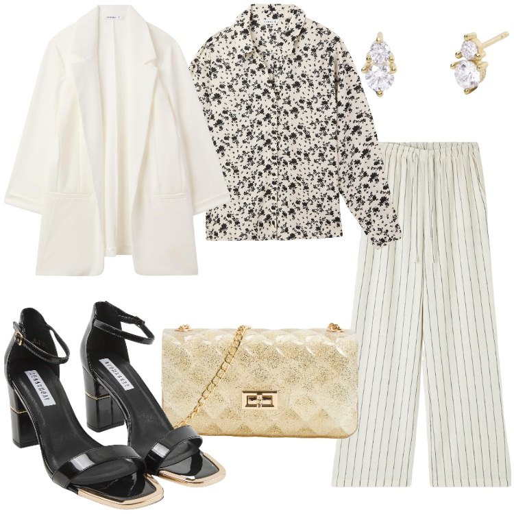Outfit donna - Terranova - Occasioni speciali. Stile Trendy per Cerimonia. Abbinamento con pantaloni, sabot, camicie, blazer, borse a tracolla, orecchini.