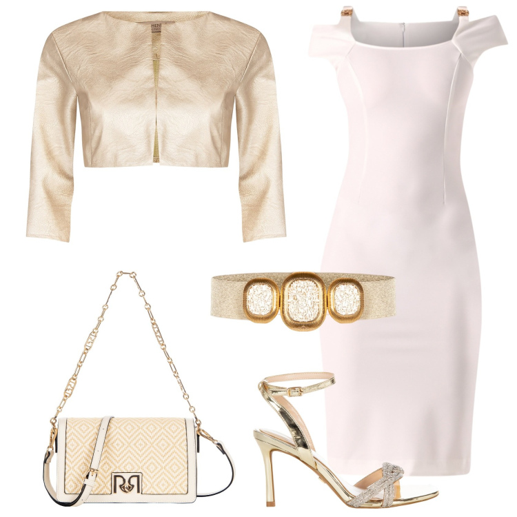 Outfit donna - Cerimonia in bianco e oro. Stile Chic per Cerimonia. Abbinamento con bolero, vestiti a tubino, sandali col tacco, cinture, borse a tracolla.