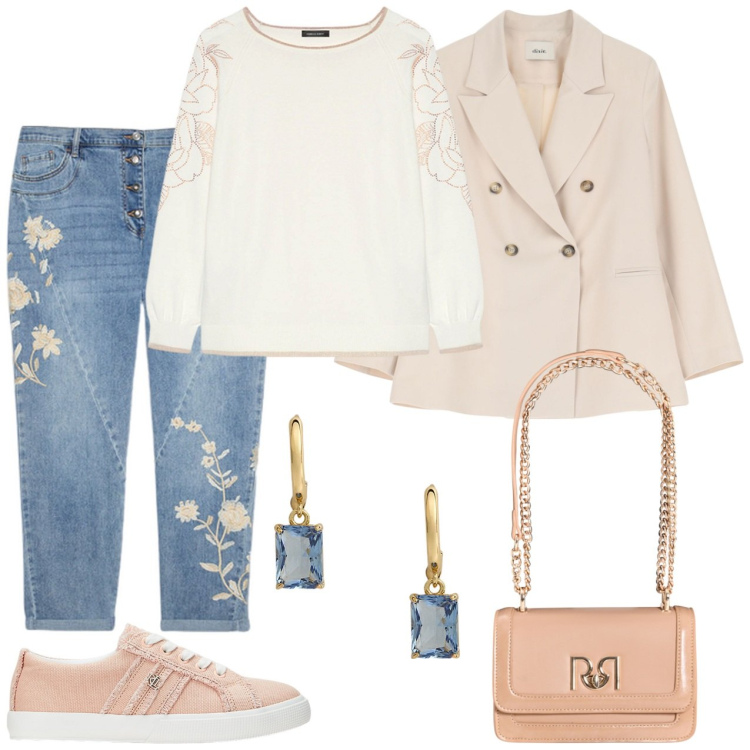 Outfit donna - Toni delicati. Stile Casual per Tutti i giorni. Abbinamento con borse a tracolla, blazer, sneakers, orecchini, maglieria, jeans.