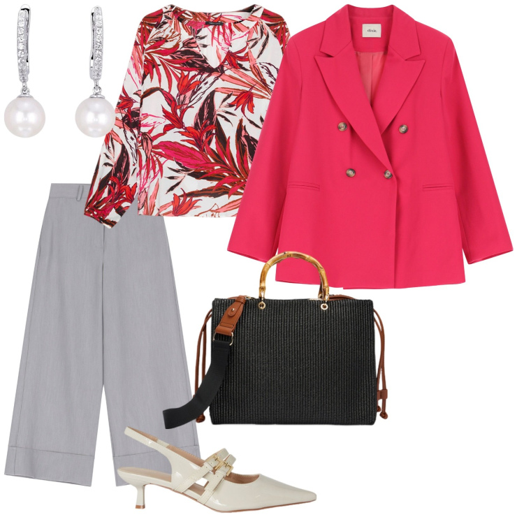 Outfit donna - Ufficio. per Ufficio. Abbinamento con orecchini, blazer, pantaloni a palazzo, bluse, décolleté, borse a mano.