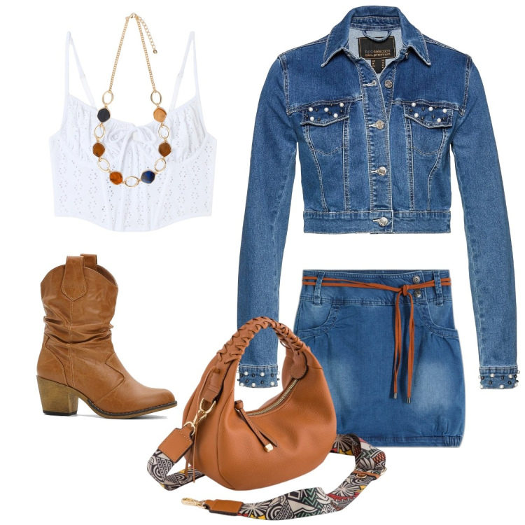 Outfit donna - Country. Stile Trendy per Tutti i giorni. Abbinamento con blazer, minigonne, stivaletti texani, top, collane, borse a tracolla.