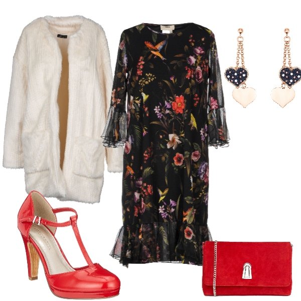 Outfit donna - Notte magica. Stile Chic per Serata fuori. Abbinamento con vestito corto a trapezio fantasia floreale chiffon collo tondo interno foderato in tulle, ecopelliccia, scarpe rosso, orecchini glitter in ottone, pochette effetto scamosciato.