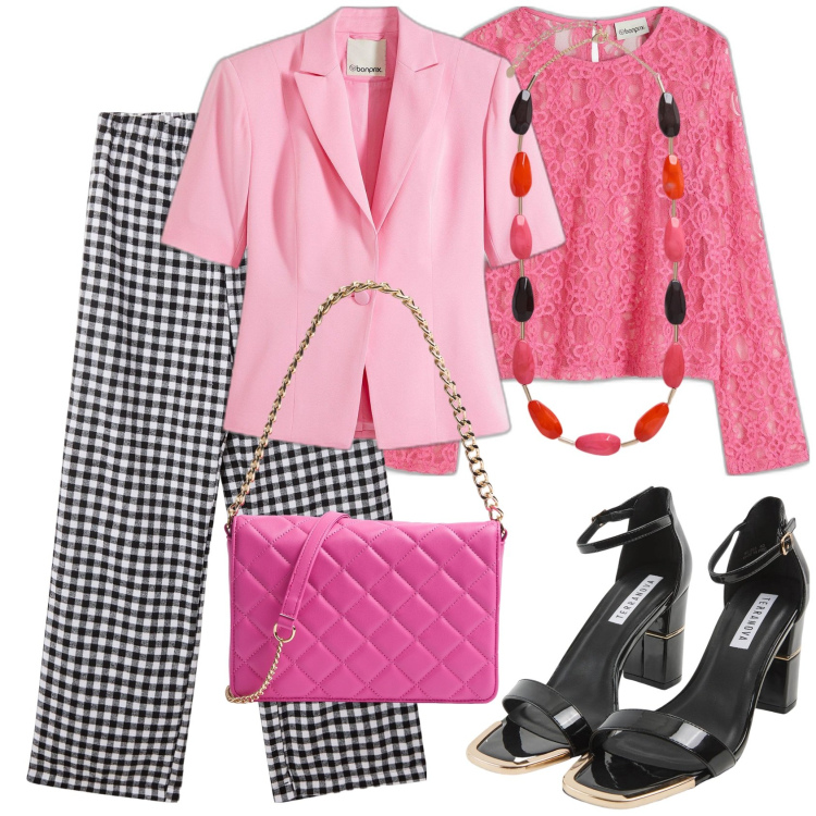 Outfit donna - Giornata di primavera. Stile Bon Ton per Tutti i giorni. Abbinamento con blazer, maglieria, sabot, pantaloni, borse a tracolla, collane.