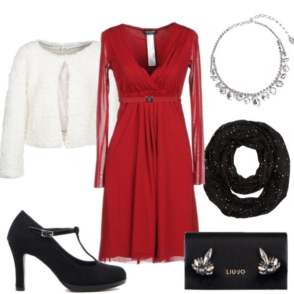 Outfit donna - Abito rosso scollato e scarpe Pittarello. Stile Chic per Serata fuori. Abbinamento con vestito, giacca bianco, décolleté nero, sciarpa in denim, clutch in ecopelle, collana con ciondolo.