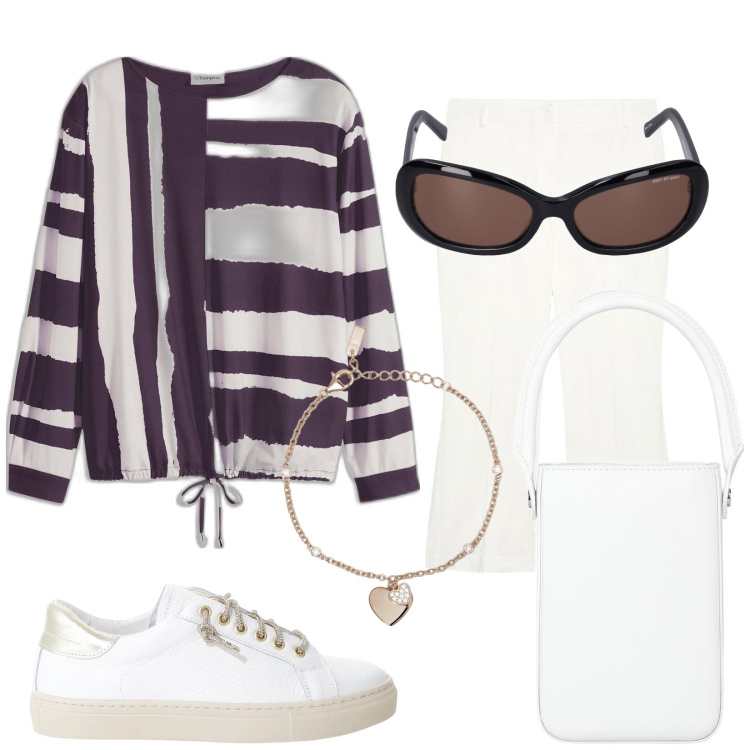 Outfit donna - Verticali e orizzontali!. Stile Trendy per Tutti i giorni. Abbinamento con maglieria, borse a mano, braccialetti con ciondoli, sneakers, pantaloni, occhiali da sole.