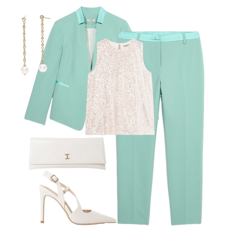 Outfit donna - Cerimonia in arrivo. Stile Bon Ton per Cerimonia. Abbinamento con orecchini, pochette, décolleté, top, blazer, pantaloni chino.