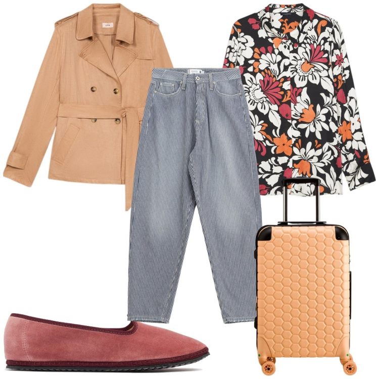 Outfit donna - Total look #2107828. Stile Trendy per Tutti i giorni. Abbinamento con jeans mom, valigie, trench, camicie, mocassini.