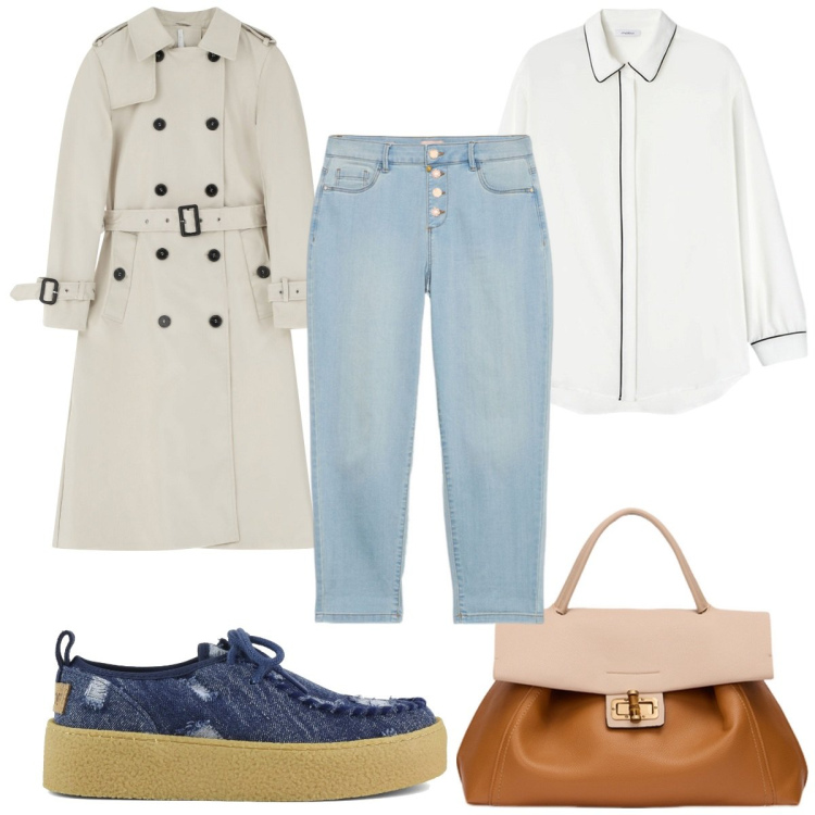 Outfit donna - Total look #2107836. Stile Trendy per Tutti i giorni. Abbinamento con trench, mocassini, jeans, camicie, borse a tracolla.