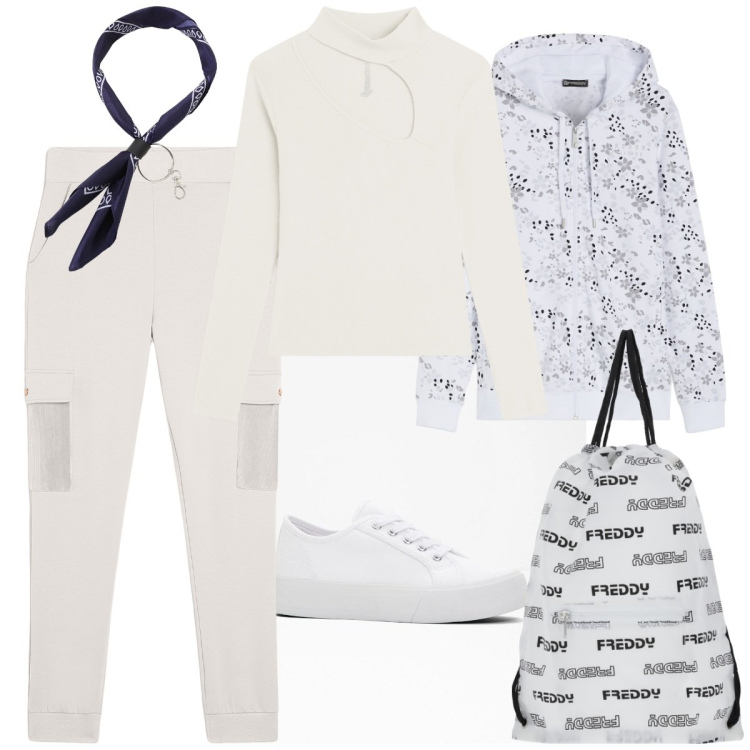 Outfit donna - Total look #2107839. Stile Sporty chic per Sport. Abbinamento con sneakers, pantaloni cargo, maglieria, felpe con cappuccio, zaini, foulard.