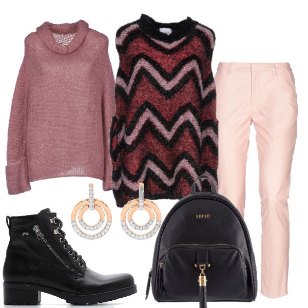 Outfit donna - I regali più belli. Stile Basic per Tutti i giorni. Abbinamento con mantella senza tasche fantasia multicolore lavorato a maglia collo tondo interno sfoderato in mohair monopetto, maglioncino lavorato a maglia collo a dolcevita a maniche lunghe in mohair tinta unita, pantalone con zip in pelle sintetica tinta unita, tronchetti con lacci nero, zaino maxi con zip in ecopelle, orecchini in oro rosa impreziosito bianco.