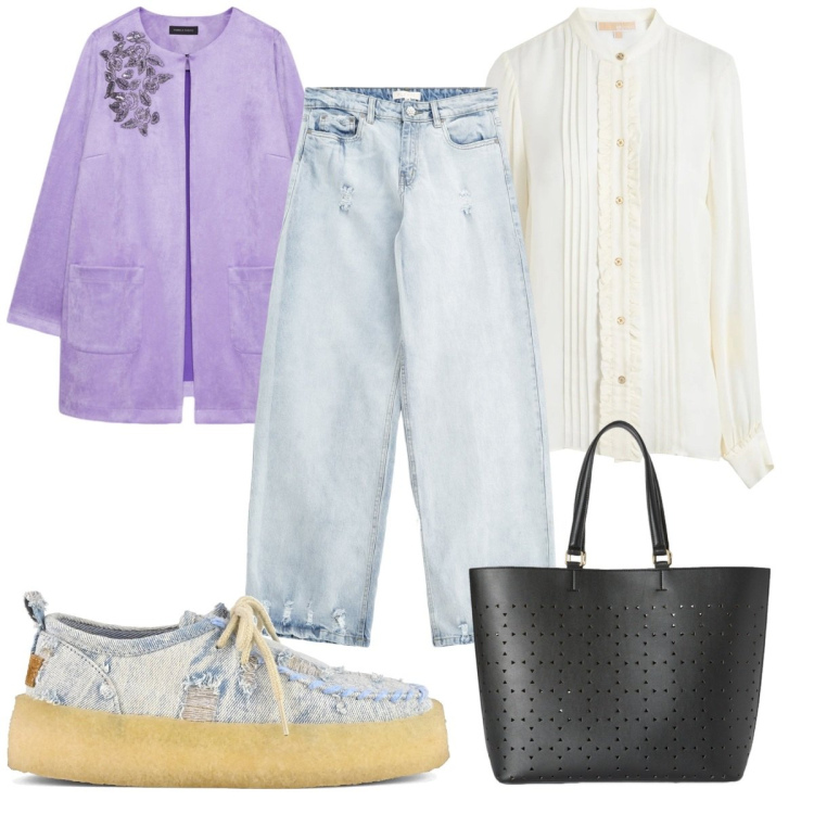 Outfit donna - Total look #2107845. Stile Trendy per Tutti i giorni. Abbinamento con camicie, jeans, trench, mocassini, shopping bag.