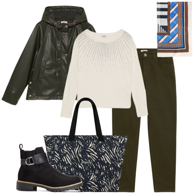 Outfit donna - Lunedì piovoso. Stile Casual chic per Tutti i giorni. Abbinamento con stivaletti, shopping bag, foulard, pantaloni, maglieria, blazer.