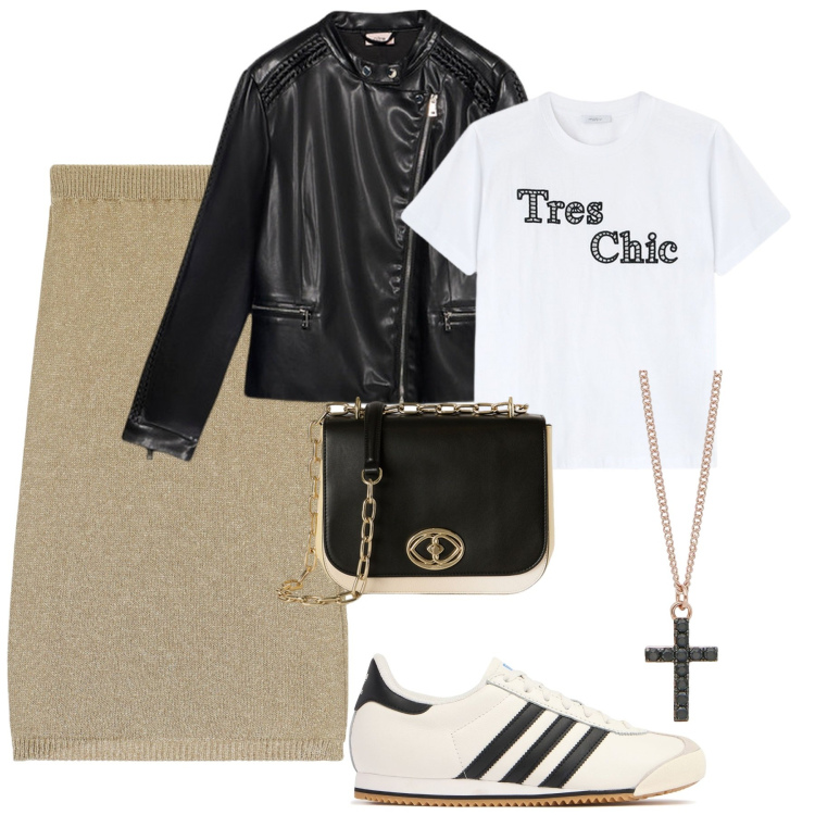 Outfit donna - City. Stile Urban per Tutti i giorni. Abbinamento con collane, gonne longuette, giacche, sneakers, borse a tracolla, t-shirt.
