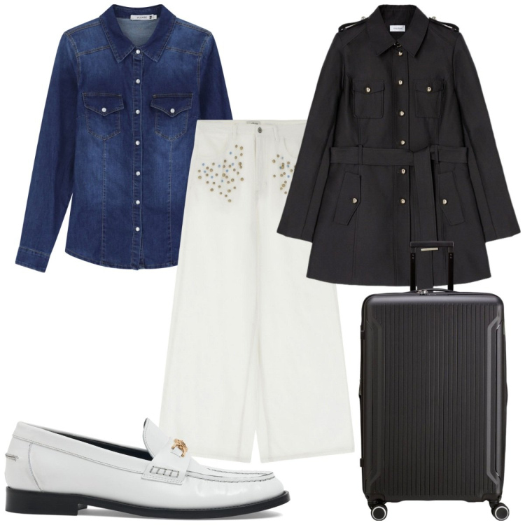 Outfit donna - Total look #2107856. Stile Trendy per Tutti i giorni. Abbinamento con camicie, jeans, mocassini, valigie, trench.
