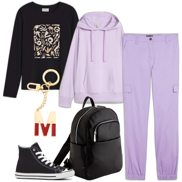 Outfit donna - Total look #2107859. Stile Sporty chic per Sport. Abbinamento con sneakers alte, pantaloni cargo, felpe con cappuccio, maglieria, zaini, portachiavi.