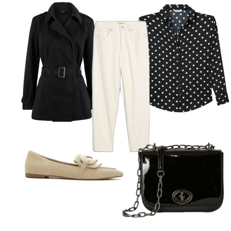 Outfit donna - Total look #2107860. Stile Trendy per Tutti i giorni. Abbinamento con jeans mom, mocassini, trench, camicie, borse a tracolla.