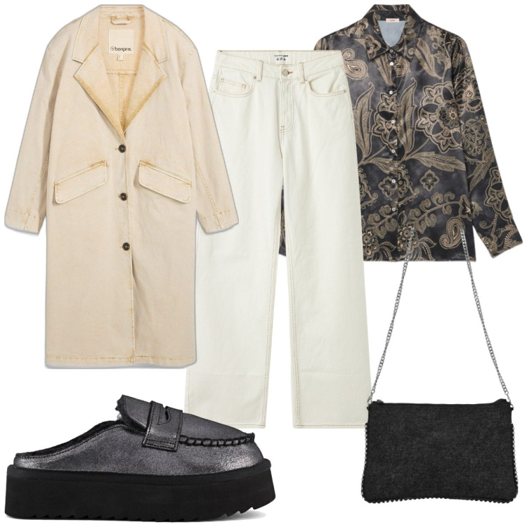 Outfit donna - Total look #2107862. Stile Trendy per Tutti i giorni. Abbinamento con trench, jeans, borse a tracolla, mocassini, camicie.