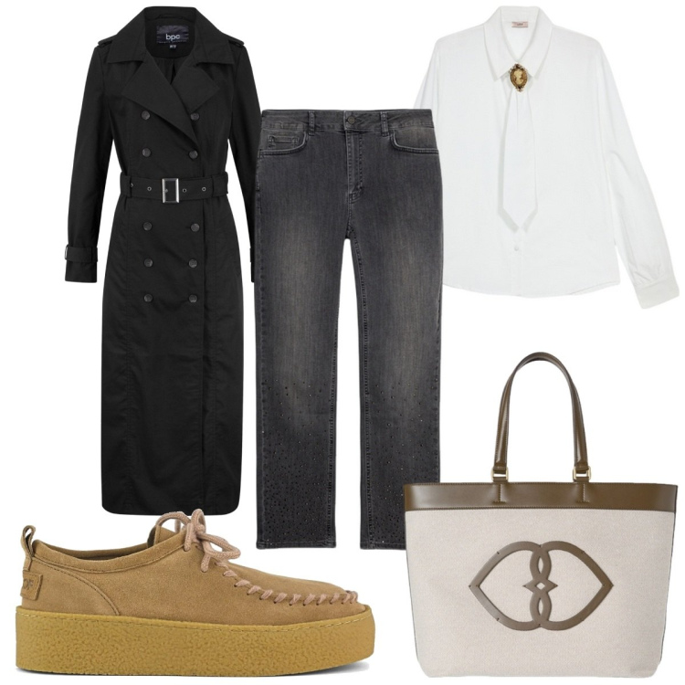 Outfit donna - Total look #2107863. Stile Trendy per Tutti i giorni. Abbinamento con trench, mocassini, camicie, shopping bag, jeans.