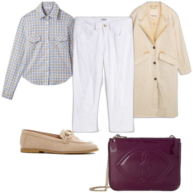 Outfit donna - Total look #2107864. Stile Trendy per Tutti i giorni. Abbinamento con jeans slim fit, trench, mocassini, camicie, pochette.