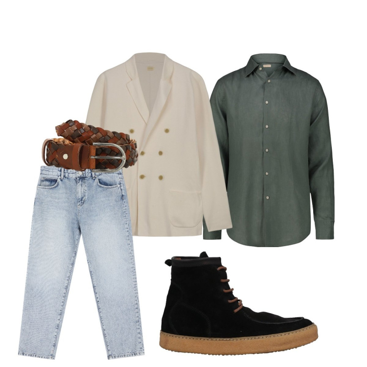 Outfit uomo - Total look #2107866. Stile Trendy per Ufficio. Abbinamento con stivali e stivaletti, jeans dritti, cinture, camicie, cardigans.