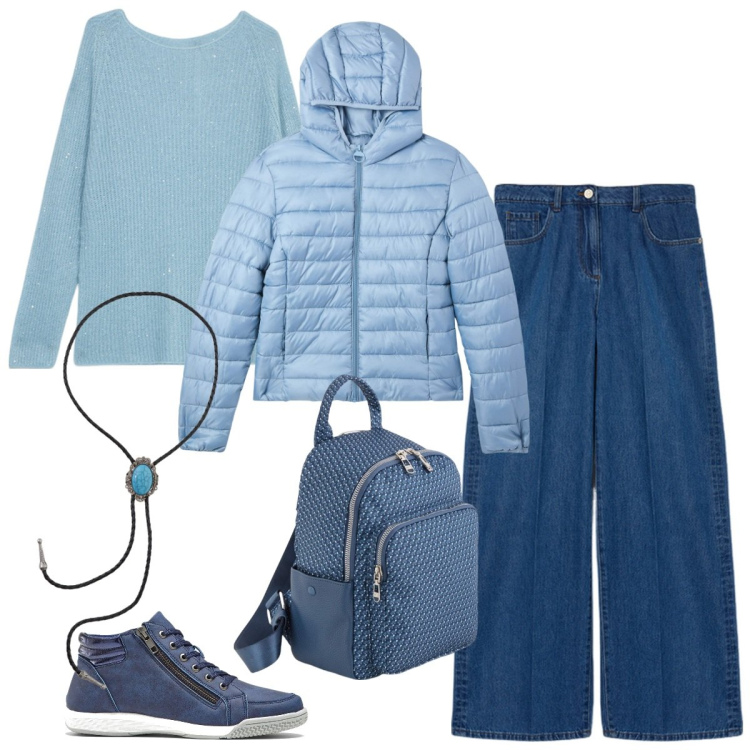 Outfit donna - Total look #2107870. Stile Casual chic per Tutti i giorni. Abbinamento con sneakers alte, piumini, collane, maglieria, zaini, jeans.