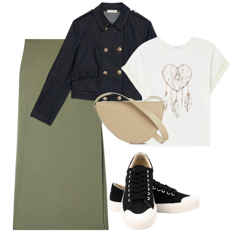 Outfit donna - Cheap and chic. Stile Casual chic per Tutti i giorni. Abbinamento con borse a tracolla, gonne lunghe, t-shirt, sneakers, blazer.
