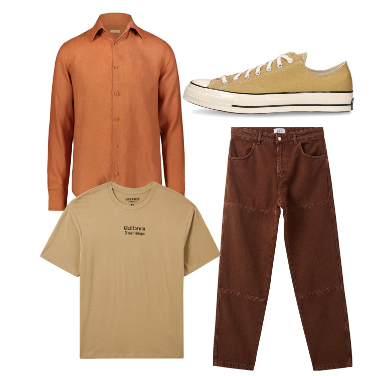 Outfit uomo - Toni caldi. Stile Casual per Tutti i giorni. Abbinamento con pantaloni, t-shirt, sneakers, camicie.