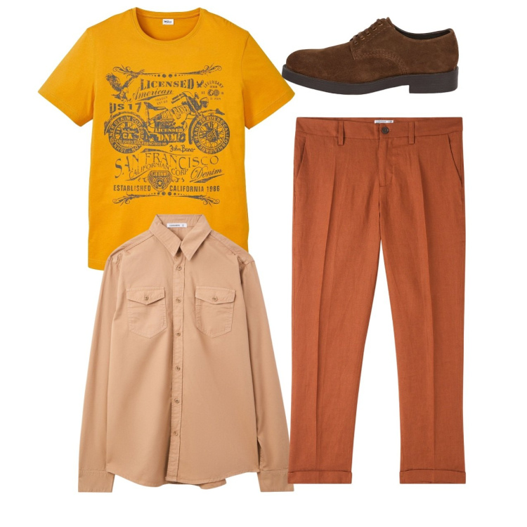 Outfit uomo - Arancio. Stile Casual per Tutti i giorni. Abbinamento con t-shirt, camicie, pantaloni chino, scarpe stringate.