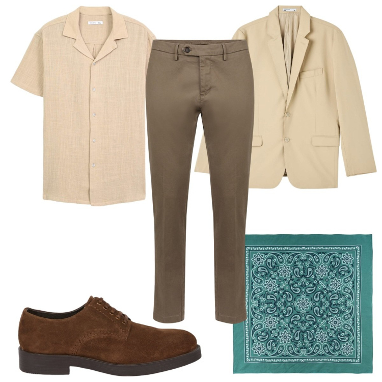 Outfit uomo - Total look #2107899. Stile Casual per Tutti i giorni. Abbinamento con giacche, camicie a manica corta, pantaloni chino, sciarpe e foulard, scarpe stringate.