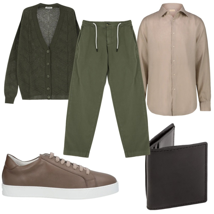 Outfit uomo - Total look #2107904. Stile Casual per Tutti i giorni. Abbinamento con sneakers, cardigans, pantaloni chino, camicie, portafogli.