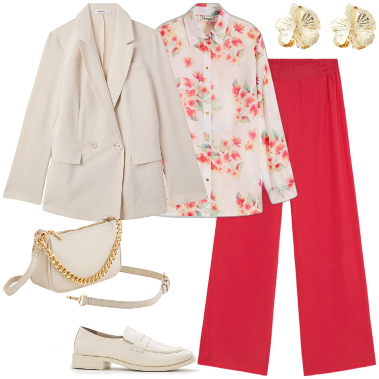 Outfit donna - Casual chic in primavera!. Stile Casual chic per Tutti i giorni. Abbinamento con bluse, mocassini, blazer, orecchini, pantaloni a palazzo, borse a tracolla.