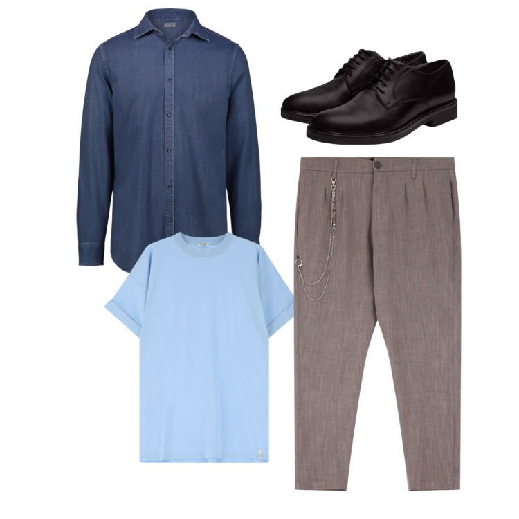 Outfit uomo - Total look. Stile Casual per Tutti i giorni. Abbinamento con pantaloni, t-shirt, scarpe stringate, camicie.