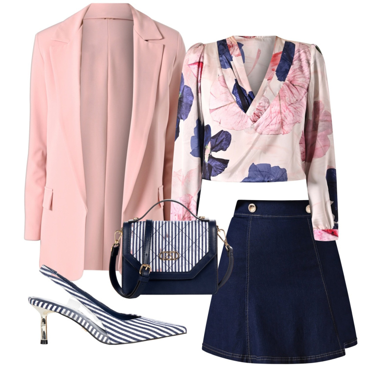 Outfit donna - Blu e rosa. Stile Bon Ton per Cerimonia. Abbinamento con borse a mano, blazer, bluse, décolleté, minigonne.
