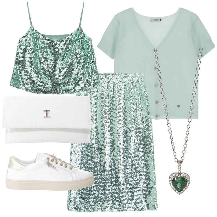Outfit donna - Teenager party. Stile Trendy per Serata fuori. Abbinamento con ciondoli, gonne longuette, cardigans, top, borse a tracolla, sneakers.