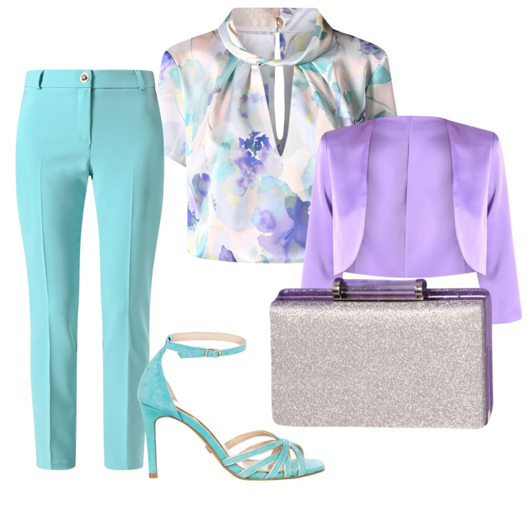 Outfit donna - Bella giornata. Stile Glamour per Cerimonia. Abbinamento con sandali col tacco, pochette, bolero, bluse, pantaloni.