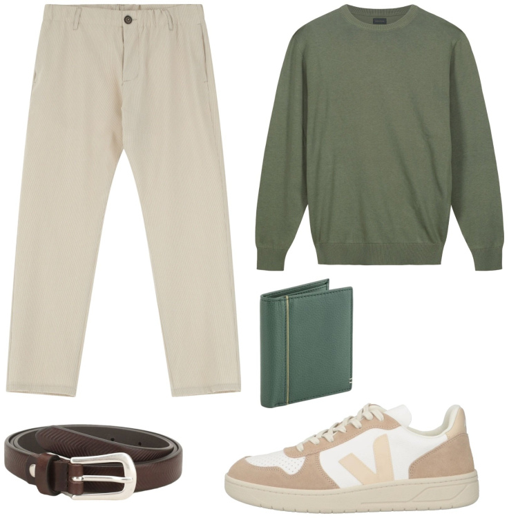 Outfit uomo - Accessori in pelle. Stile Casual per Tutti i giorni. Abbinamento con sneakers, cinture, pantaloni, portafogli, maglieria.