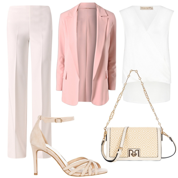 Outfit donna - Rinascimento cerimonia. Stile Chic per Cerimonia. Abbinamento con pantaloni a palazzo, blazer, bluse, borse a tracolla, sandali col tacco.