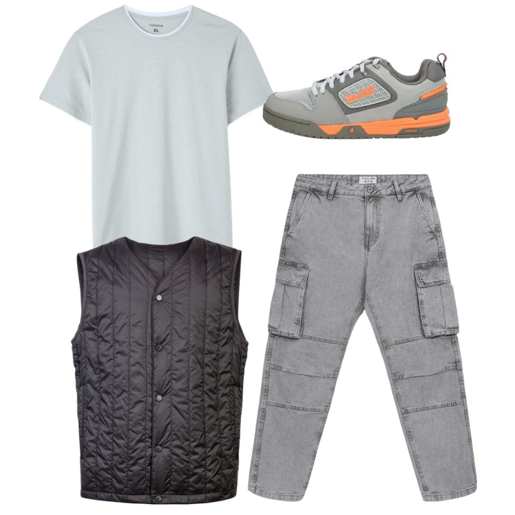 Outfit uomo - Total look. Stile Urban per Tutti i giorni. Abbinamento con sneakers, t-shirt, jeans, piumini.
