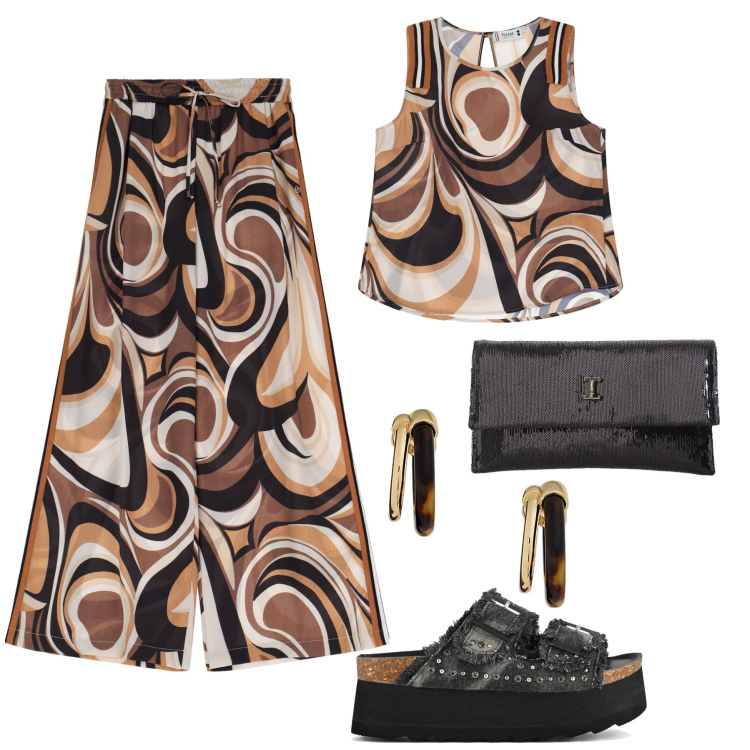 Outfit donna - Party boho. Stile Boho per Serata fuori. Abbinamento con pantaloni, top, borse a tracolla, orecchini, zeppe.