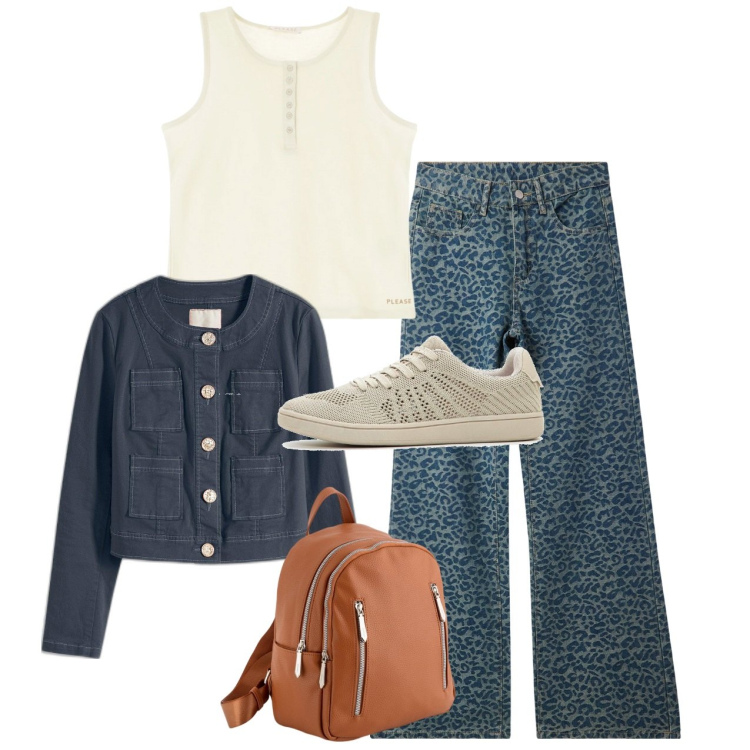 Outfit donna - Blu e avorio. Stile Bon Ton per Tutti i giorni. Abbinamento con blazer, sneakers, jeans, canottiere, zaini.