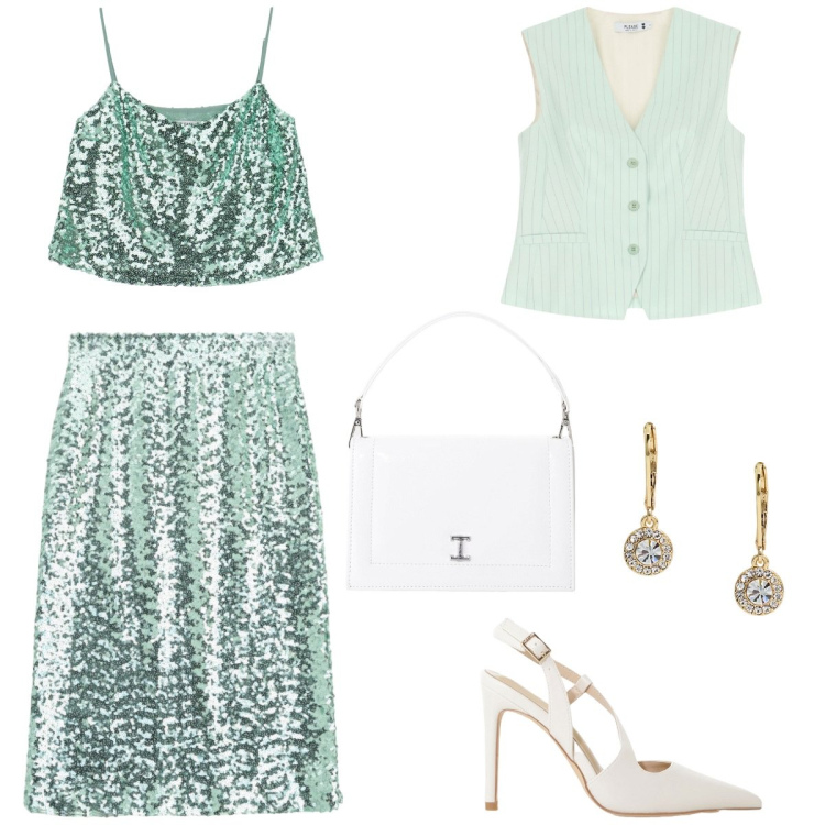 Outfit donna - Collezione party by Please. Stile Glamour per Serata fuori. Abbinamento con gilet, gonne longuette, top, décolleté, borse a tracolla, orecchini.
