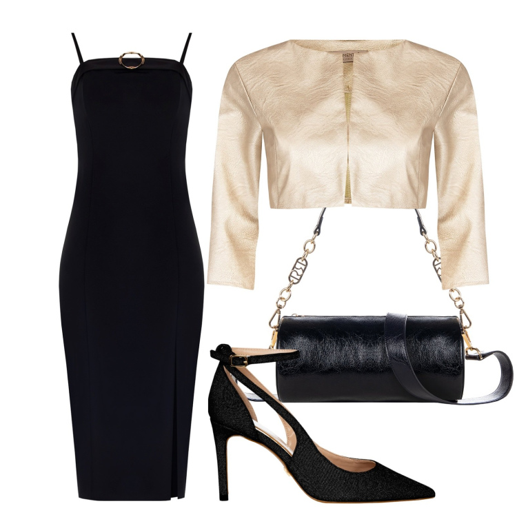 Outfit donna - Tubino nero intramontabile. Stile Chic per Cerimonia. Abbinamento con bolero, vestiti midi/longuette, décolleté, borse a mano.