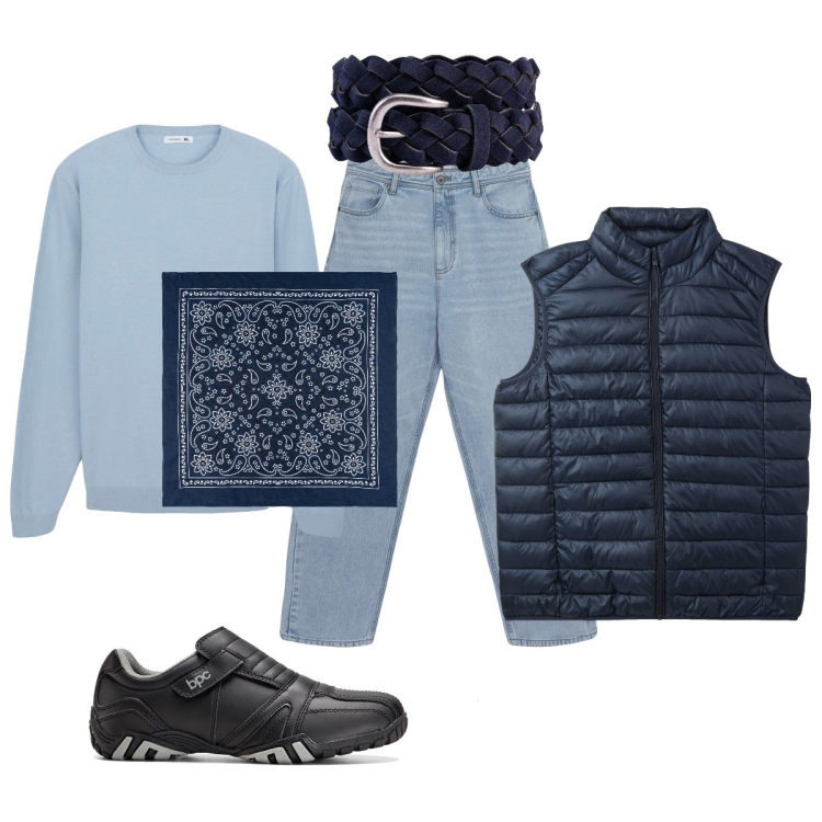 Outfit uomo - Total look #2108108. Stile Casual per Tutti i giorni. Abbinamento con scarpe stringate, piumini, jeans, maglieria, cinture, sciarpe e foulard.
