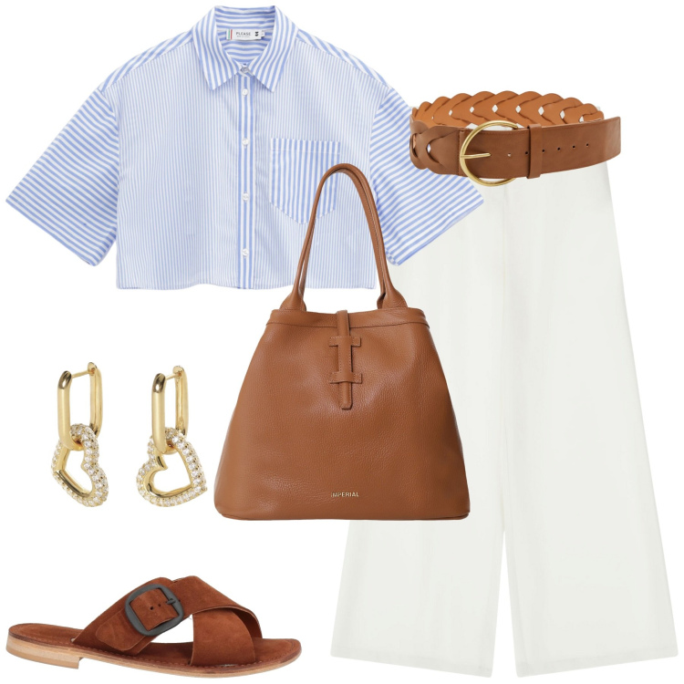 Outfit donna - City. Stile Casual chic per Tutti i giorni. Abbinamento con sandali in pelle, cinture, orecchini, camicie, pantaloni, borse tote.