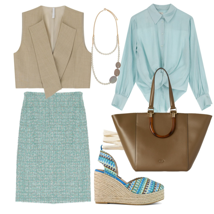 Outfit donna - Al lavoro. Stile Casual chic per Ufficio. Abbinamento con gilet, gonne longuette, camicie, zeppe, collane, shopping bag.