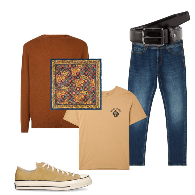 Outfit uomo - Total look #2108132. Stile Casual per Tutti i giorni. Abbinamento con jeans skinny, t-shirt, maglieria, sneakers, cinture, sciarpe e foulard.
