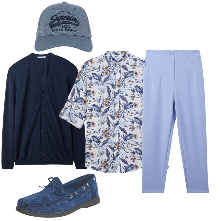 Outfit uomo - Total look #2108140. Stile Trendy per Tutti i giorni. Abbinamento con pantaloni chino, cardigans, scarpe stringate, cappelli con visiera, camicie.