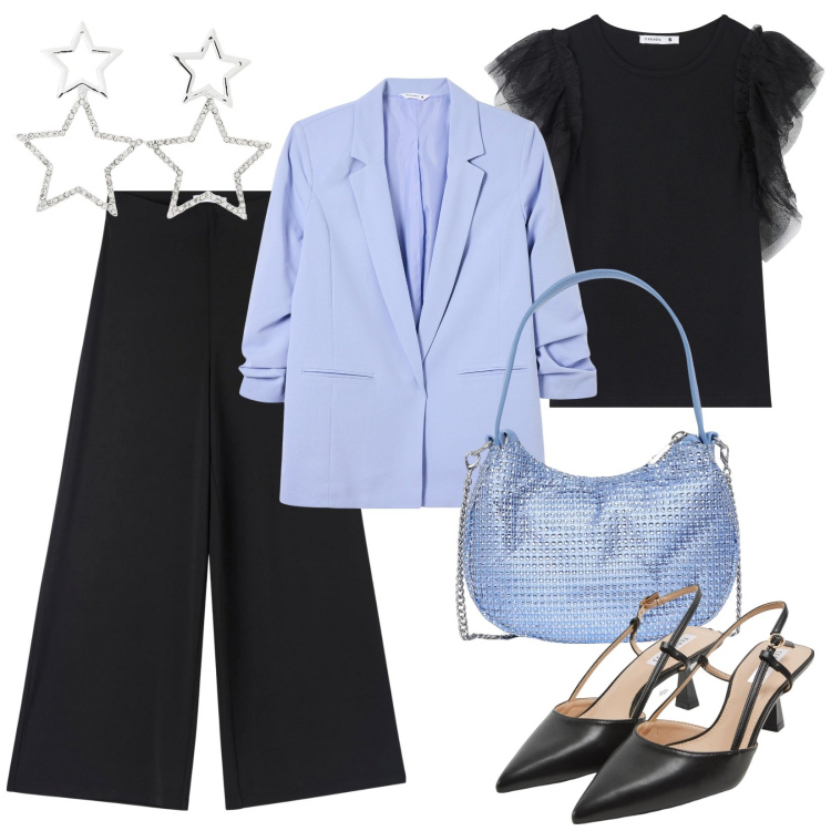 Outfit donna - Una stella. Stile Glamour per Serata fuori. Abbinamento con pantaloni culotte, t-shirt, sabot, orecchini, blazer, borse a spalla.