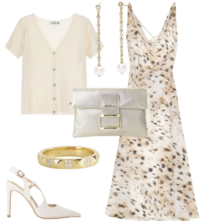 Outfit donna - Serata evento speciale cerimonia. Stile Bon Ton per Serata fuori. Abbinamento con anelli, orecchini, vestiti, cardigans, décolleté, pochette.