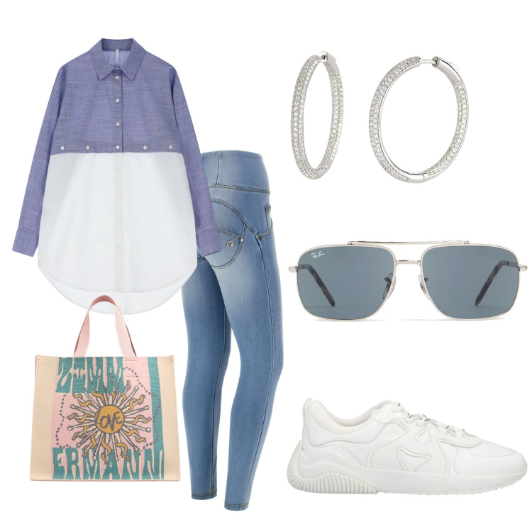 Outfit donna - A spasso per la città. Stile Casual per Tutti i giorni. Abbinamento con sneakers, orecchini, camicie, jeans strappati, occhiali da sole, shopping bag.